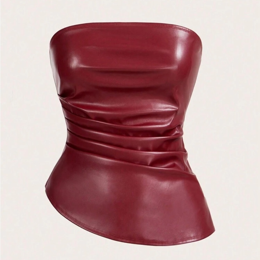 Burgundy Strapless Faux Leather Top